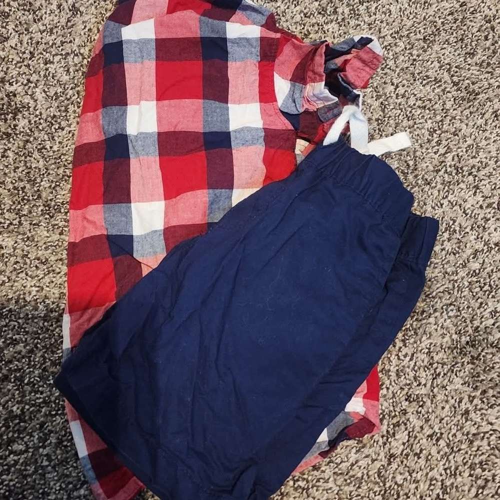 Red and Blue Plaid Shirt with Navy Shorts